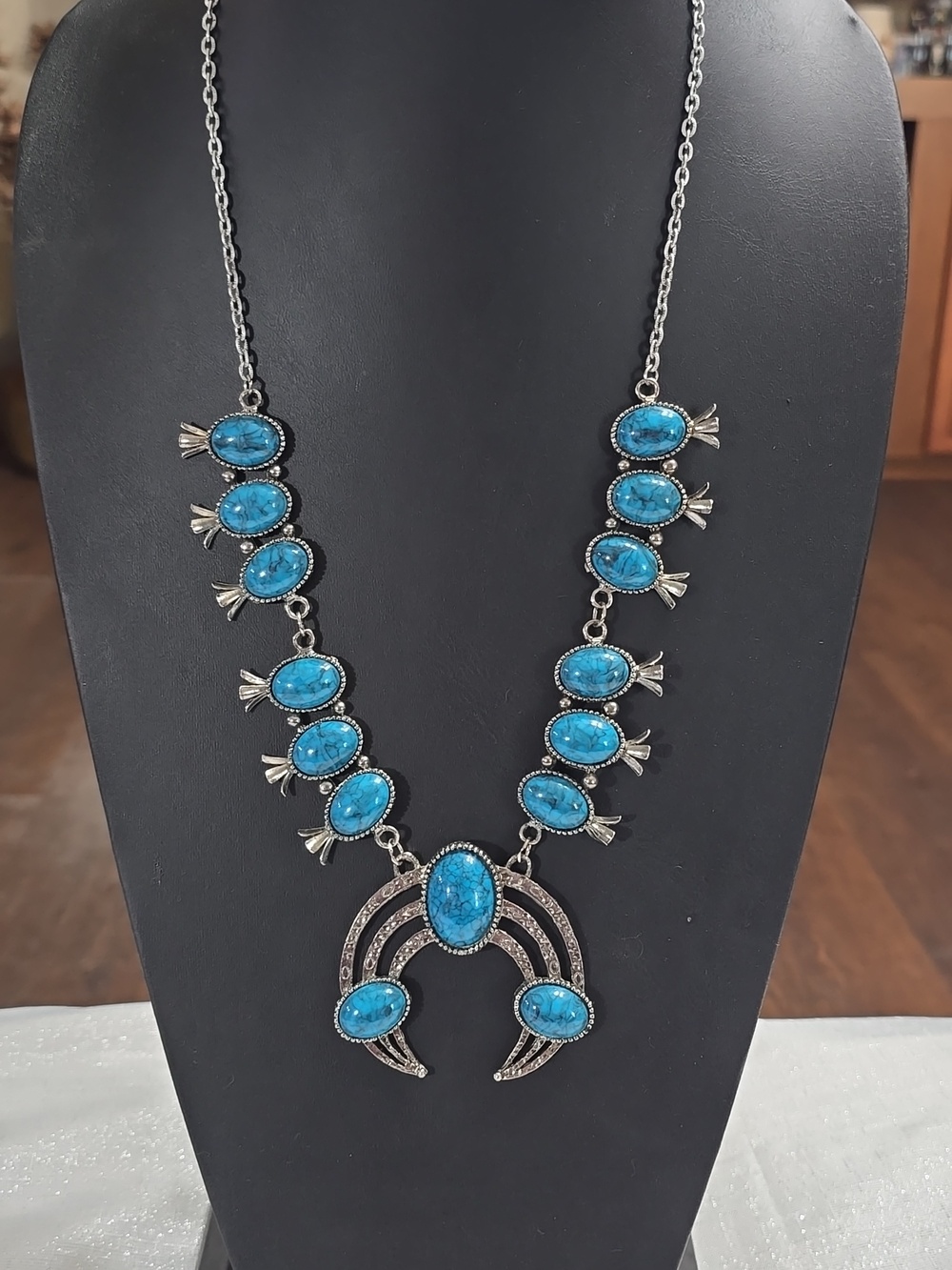 Vintage Squash Blossom Faux Turquoise Navajo Inspired Statement Necklace